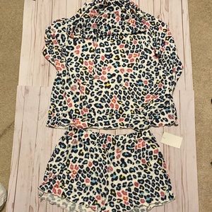 Bp multi leopard long slv hoodie and shorts pj set